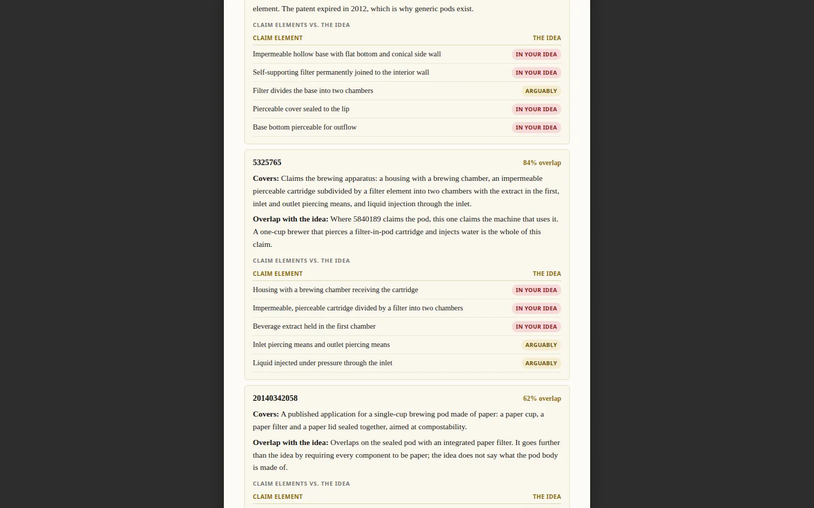 Claims broken down element by element against the idea